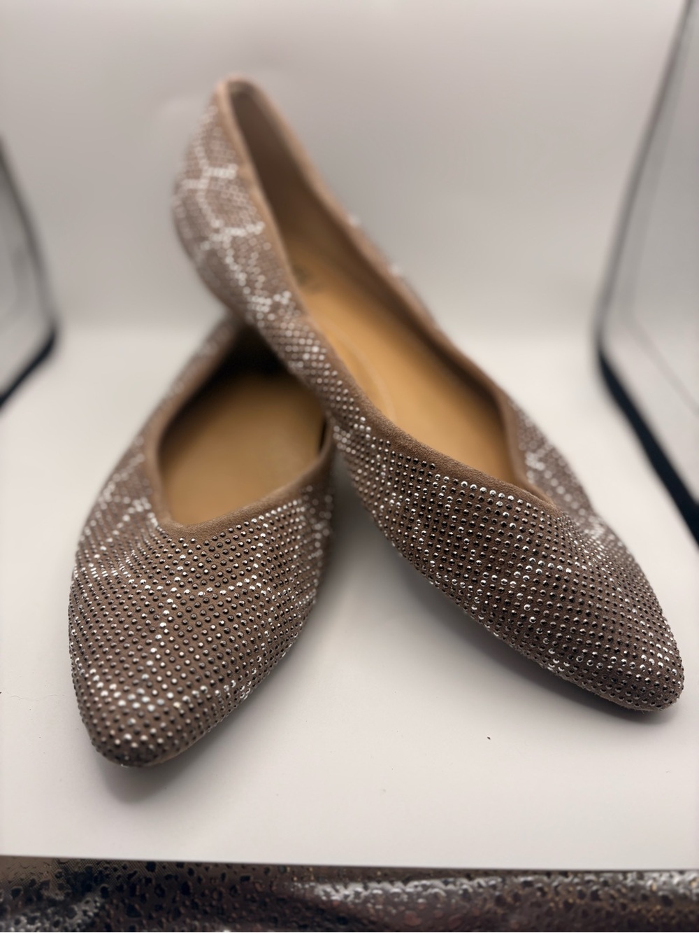 Van Eli Taupe Crystal-Studded Pointed Toe Flats